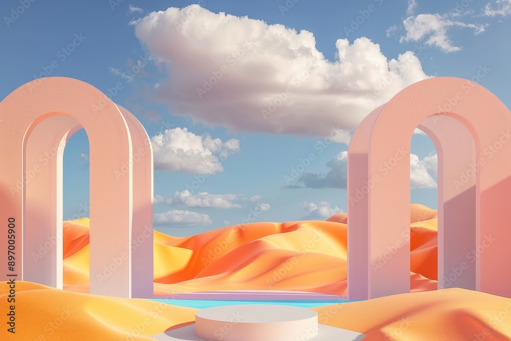 Aufkleber a minimalistic desert landscape featuring two pastel-colored arches and a blue circular pool in the 