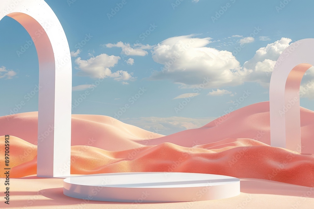 Poster a digital artwork featuring pastel-colored arches set against an abstract desert landscape with soft
