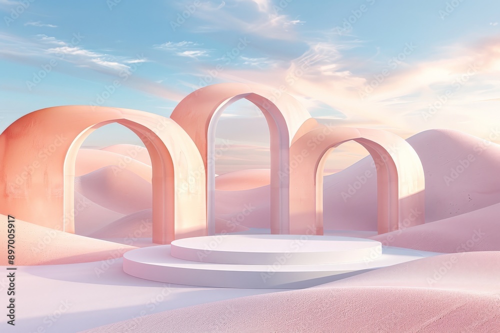 Aufkleber a serene desert landscape with pastel-colored elegant archways set against soft pink sands and a bri