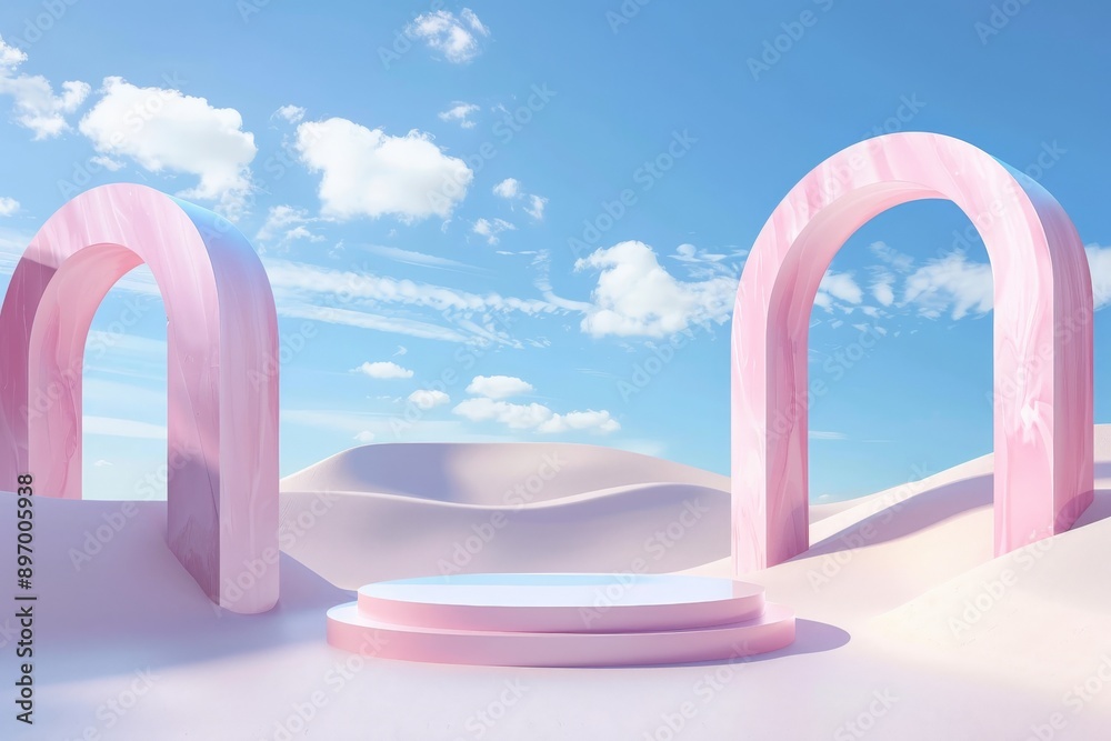 Poster An elegant digital image showcasing minimalist pastel arches set within a calm abstract desert landscape with soft dunes and a tranquil blue sky dotted with white clouds.