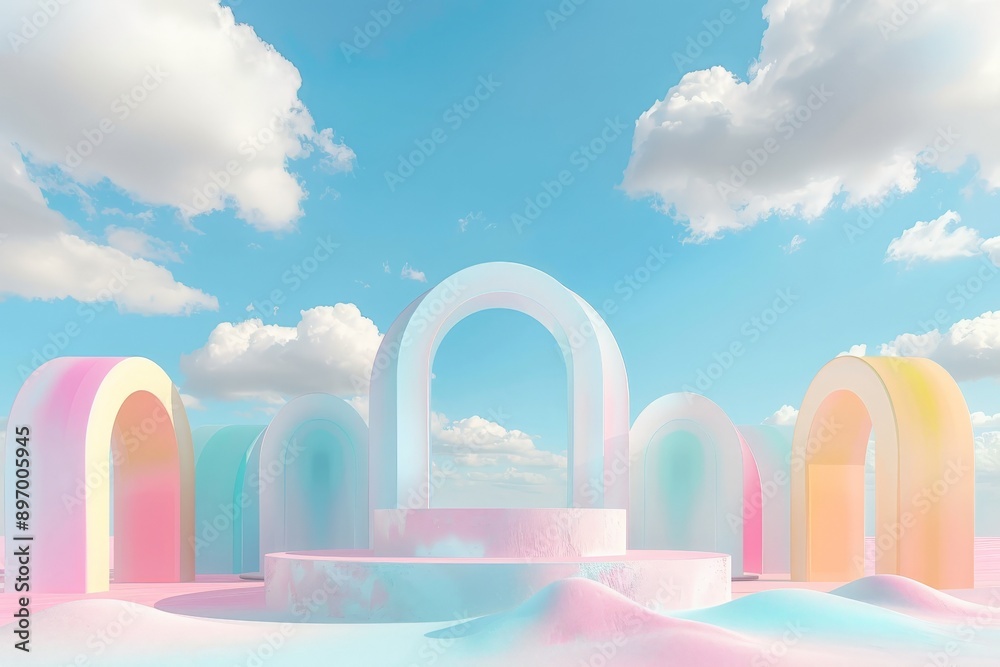 Poster a captivating digital image featuring six pastel arches arranged in a circular pattern, under a vibr