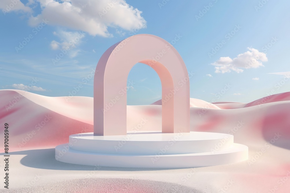 Poster an elegant digital image featuring a single pastel arch, standing gracefully in a serene abstract la