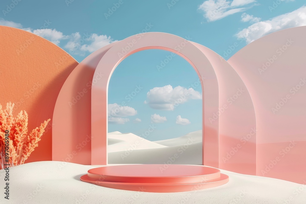 Poster A visually striking image featuring an archway and curved walls in a soft pastel landscape, blending modern design with elements of tranquility and minimalism.