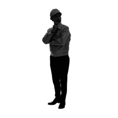 Silhouette of middle-aged Caucasian engineer. Full body photo PNG with transparent background precisely cut out with clipping path.
