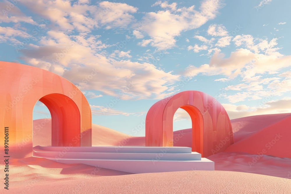 Aufkleber this image showcases pink arches in a serene desert environment, bathed in a golden sunset light, cr