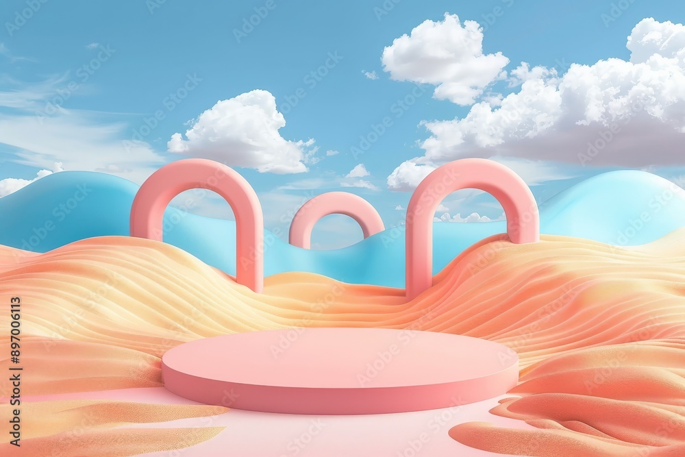 Poster This image features a vibrant podium and multiple arches in an abstract desert landscape, combining bold colors and geometric shapes to create a visually engaging scene.