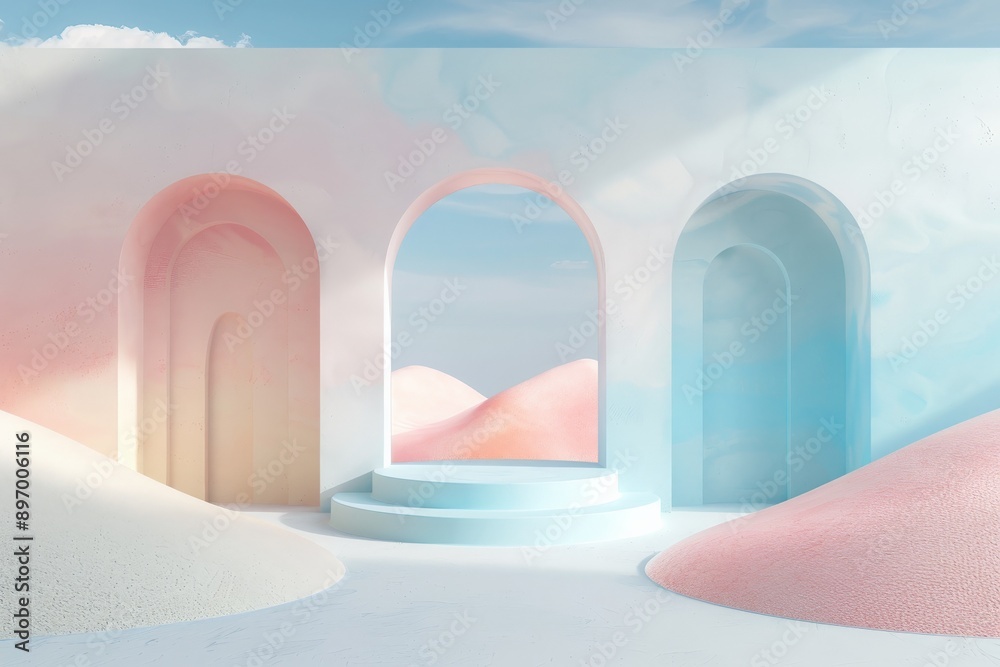 Poster this image depicts whimsical pastel arches standing against a cloudy pastel backdrop, creating a har