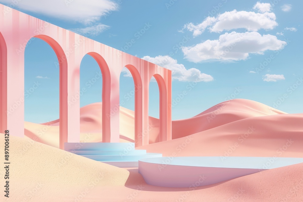 Poster this image displays a minimalist desert landscape with arches, characterized by its pastel color ton