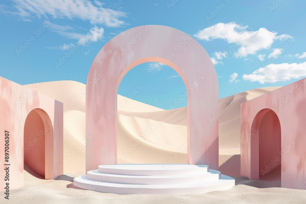 Poster image depicting a grand pink archway standing on a circular stage in a bright desert with sand dunes