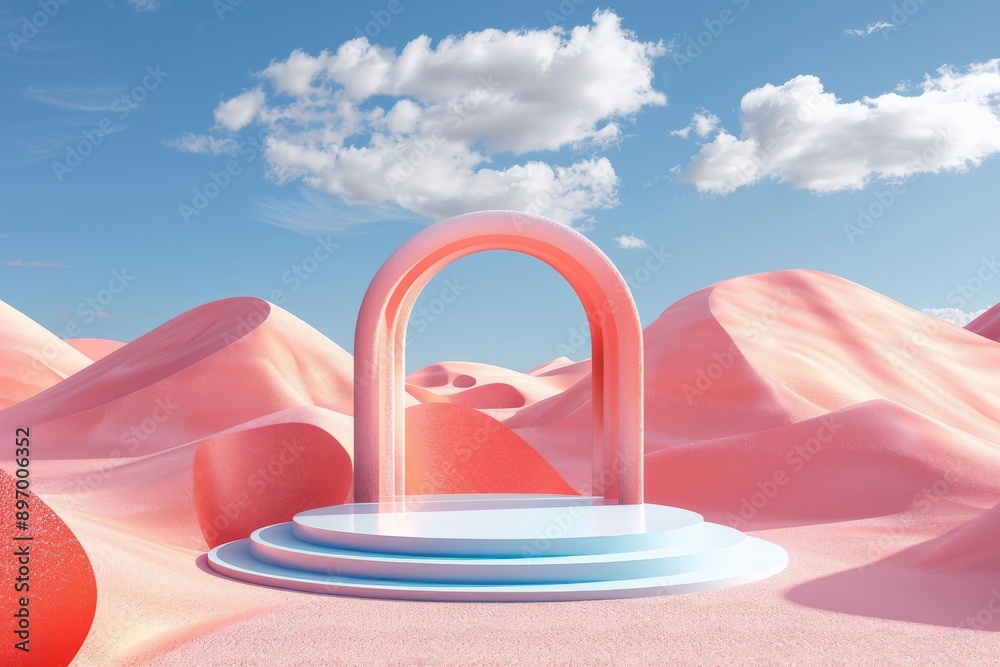 Poster this image features a red arch situated in a pink desert landscape. the sky is adorned with scattere