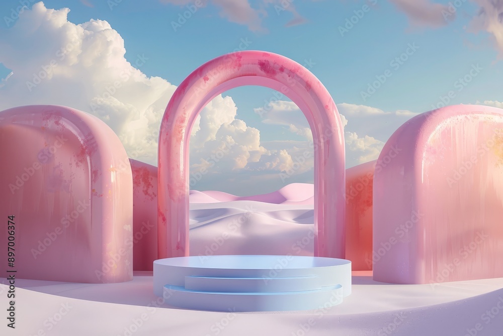 Poster in this image, a glossy pink arch stands amidst similarly colored rounded structures in a pastel, de