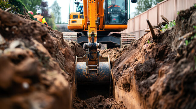 Close-up view of an excavator digging a trench at a construction site, with a worker in safety gear in the background.