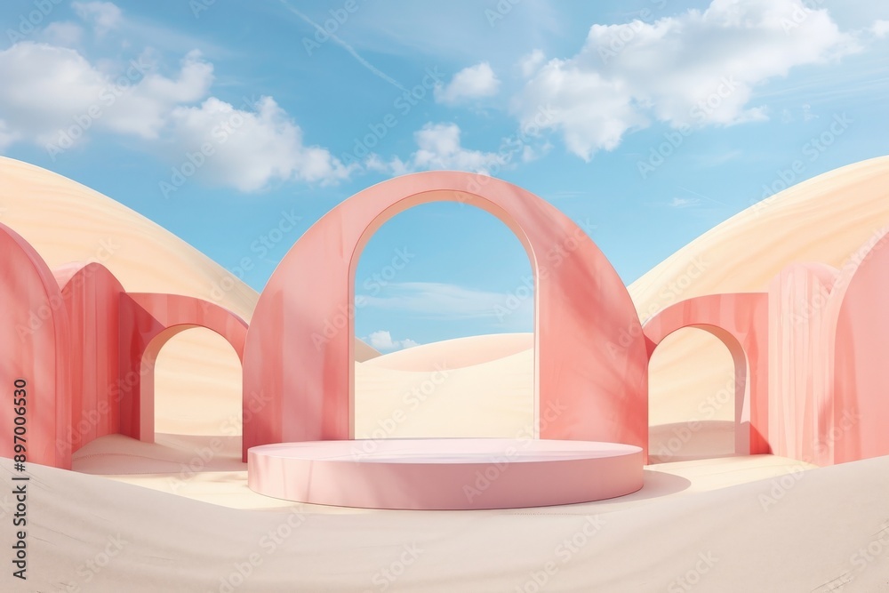 Poster This image shows a surreal desert scene featuring pastel-colored arches and platforms, creating a dreamy and artistic atmosphere under a clear blue sky with minimal clouds.