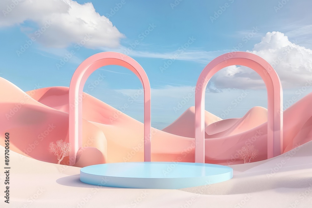 Aufkleber this image showcases a pastel desert landscape with two large pink arches and a round platform, all 