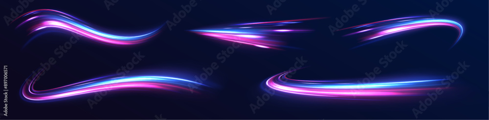 Aufkleber Big set of light neon lines in the form of swirl and spirals. Expressway in long delay, with car lights at night on autobahn. Vector glitter light fire flare trace.	