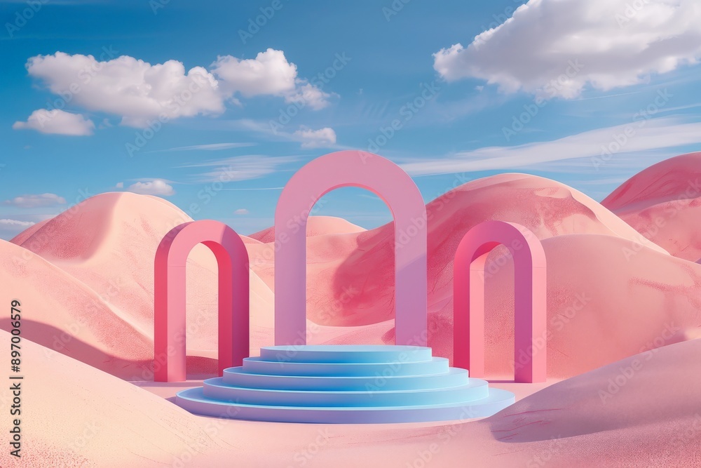 Poster this image presents a pastel desert with a central blue platform surrounded by pink arched structure
