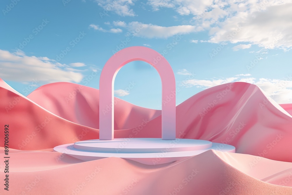 Poster this image displays a serene pastel desert featuring a single large pink arch on a round platform, a
