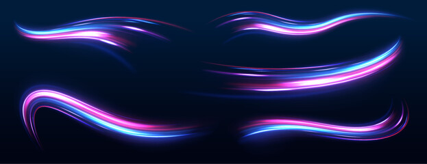 Vector dark blue abstract background with ultraviolet neon glow, blurry light lines, waves. High speed effect motion blur night lights blue and red. Magic shining neon light line trails.	