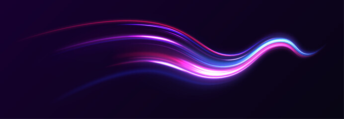 Vector dark blue abstract background with ultraviolet neon glow, blurry light lines, waves. High speed effect motion blur night lights blue and red. Magic shining neon light line trails.	