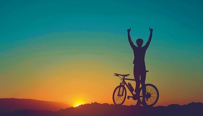 Obraz premium Silhouette of a Cyclist Celebrating at Sunset