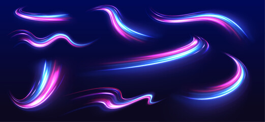 Abstract image of speed motion on the road. Vector glitter light fire flare trace. Dark blue abstract background with ultraviolet neon glow, blurry light lines, waves	