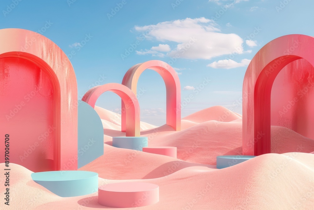 Poster This image features a surreal, pastel-colored desert landscape with abstract arches and circular platforms, creating a whimsical and imaginative scene.
