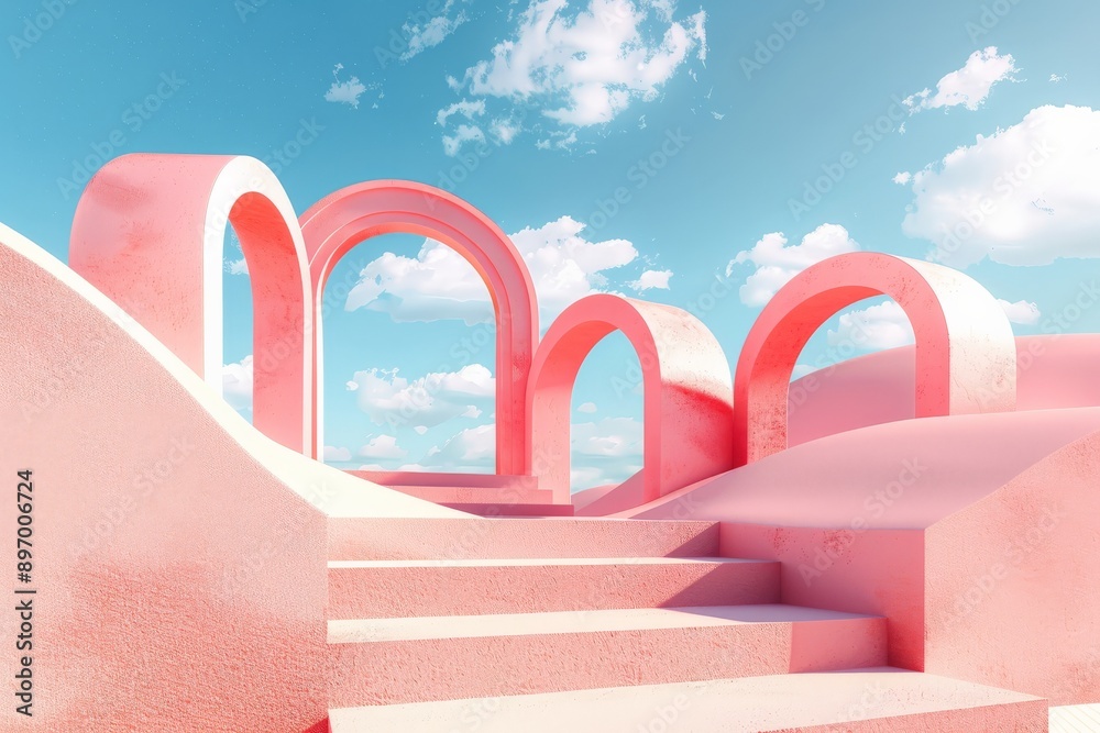 Poster An image capturing a staircase leading up to several arches set in a surreal peach-colored desert landscape, blending soft hues and an imaginative design style.