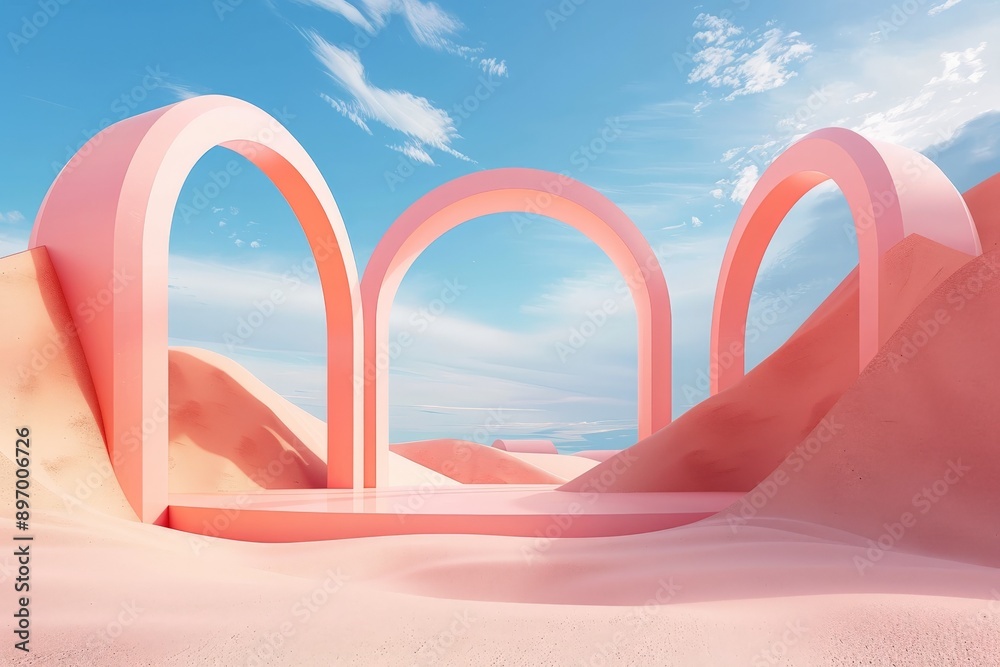 Poster An evocative scene of three large arches standing amidst a dreamy and abstract pastel-colored desert, creating a blend of surreal and artistic elements.