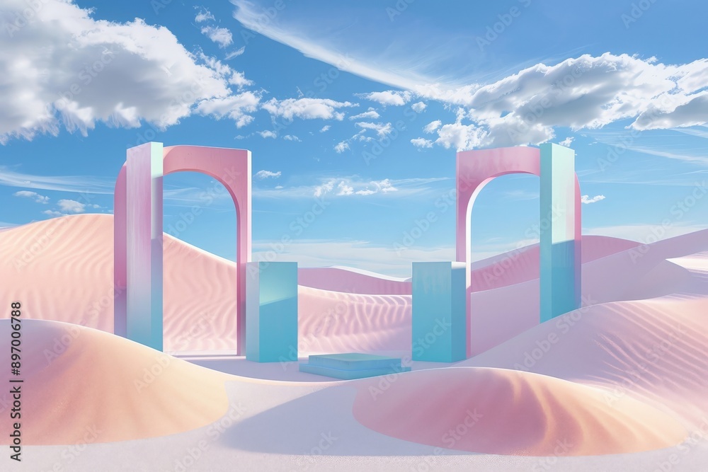 Poster an abstract design featuring pastel arches and geometric shapes floating in a serene, dreamlike dese