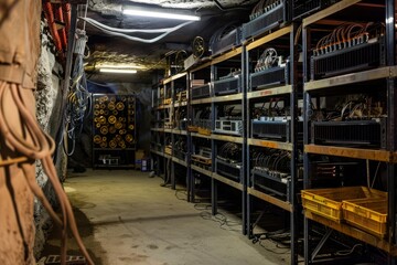 Cryptocurrency mining farm located in underground tunnel using computer servers