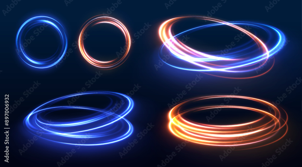 Poster Set of speed lines in circle shape of neon colors for your design. Glowing spiral. Abstract neon color glowing lines background. 