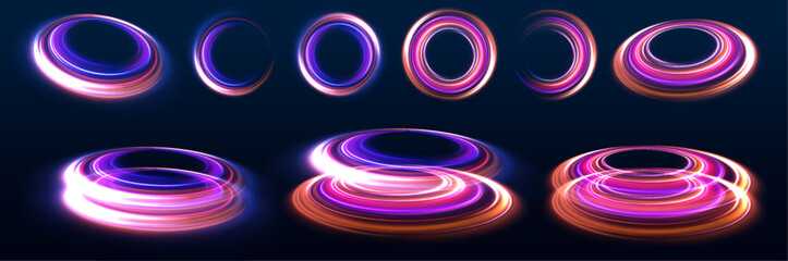 Set of neon blurry light circles at motion . Vector swirl trail effect. Abstract vector fire circles, sparkling swirls and energy light spiral frames.