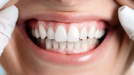Obraz premium Close-up of a person's mouth showing clean, white, and straight teeth with healthy gums.