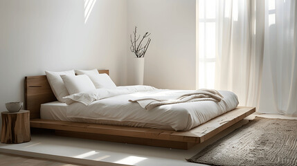 Minimalist bedroom with wooden platform bed, white linens, bedside table, and rug
