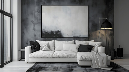 Minimalist living room with monochrome abstract painting, white sofa, and black floor lamp