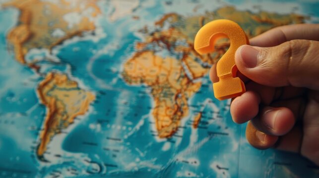 Hand holding question mark writing on world map background