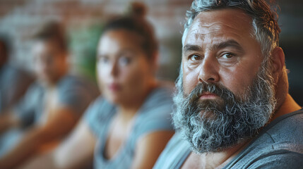 An overweight man in the fitness class, obesity diet concept