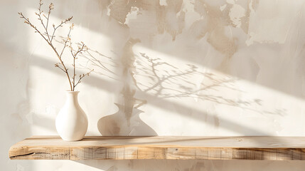 Elegant decor with white vase and dried branch on wooden shelf