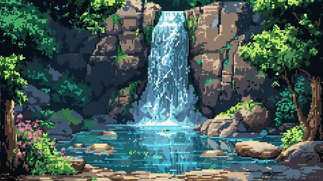 This pixel art image depicts a serene waterfall in a lush forest, cascading into a clear pool surrounded by rocks and vibrant greenery, creating a tranquil atmosphere.
