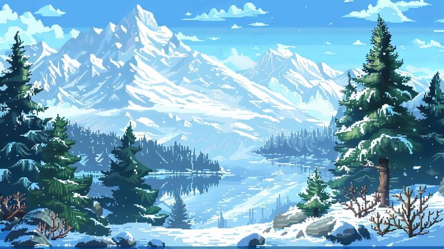 This pixel art image depicts a stunning winter scene with majestic snow-covered mountains and a frozen lake surrounded by evergreen trees and clear skies, encapsulating winter's beauty.