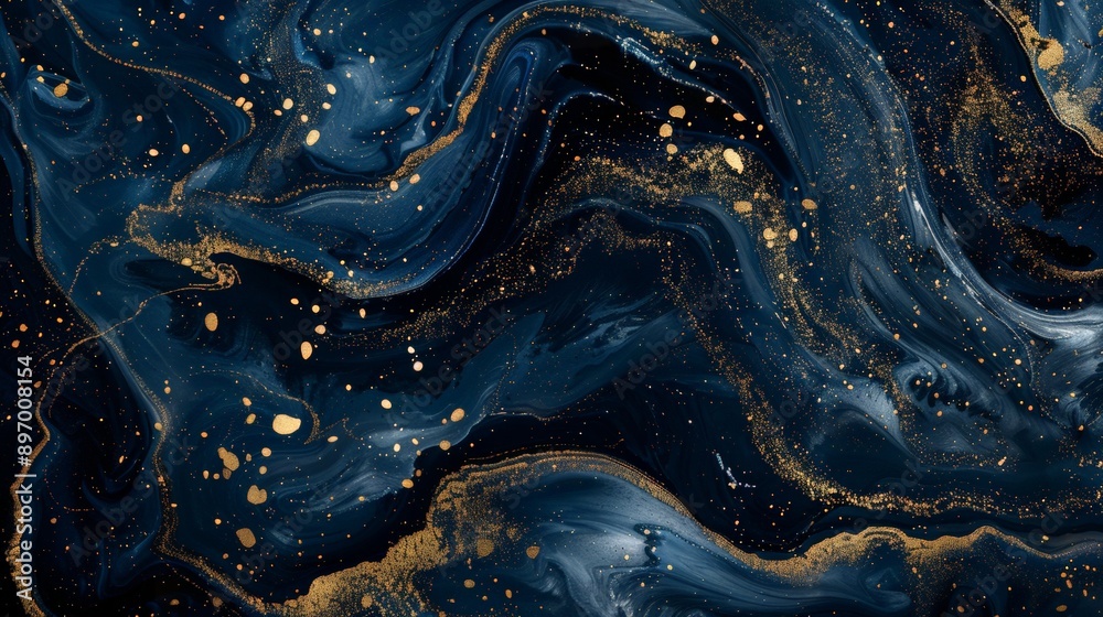 Poster An elegant abstract pattern using a combination of blue and gold hues, with flowing lines and scattered shimmering dots that evoke a feeling of luxury and allure.