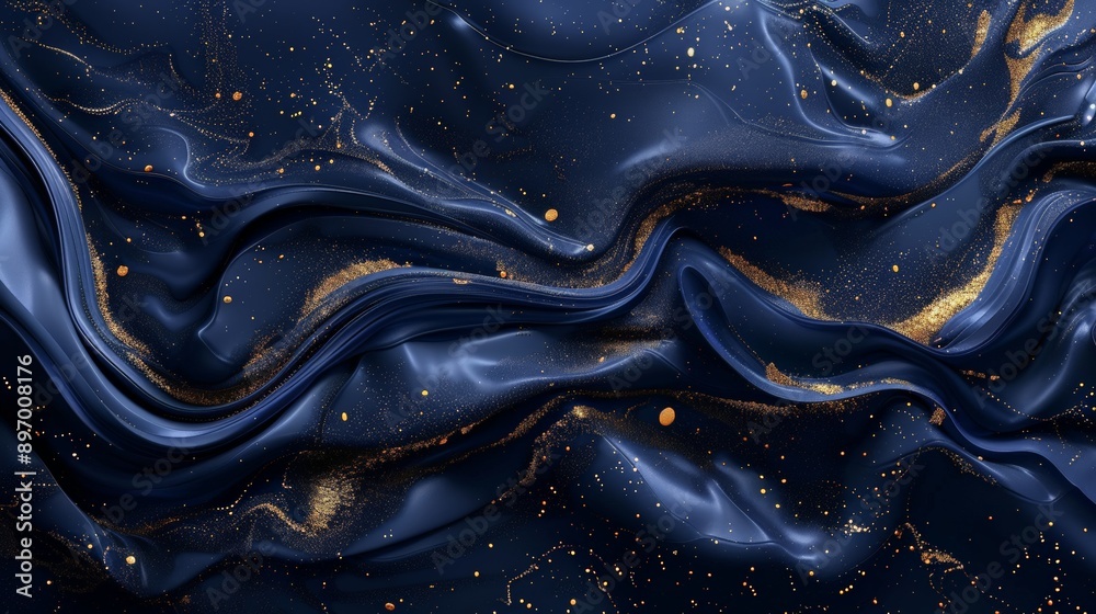 Poster Abstract image featuring dark blue and gold flowing textures with dynamic lines and shimmering dots, creating a sense of elegance and mystery in digital form.