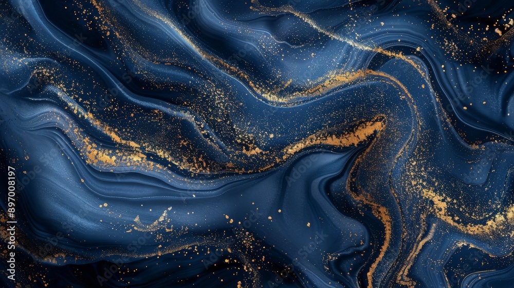 Poster this abstract artwork showcases a dynamic combination of dark blue and gold hues with swirling lines