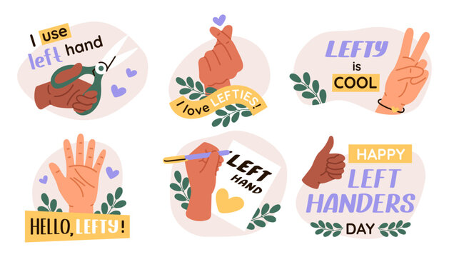 Group of vector illustration of left hand. Left handers day stickers. Concept of celebration lefty people day.