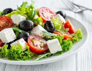 Greek salad on white plate isolated on white background.