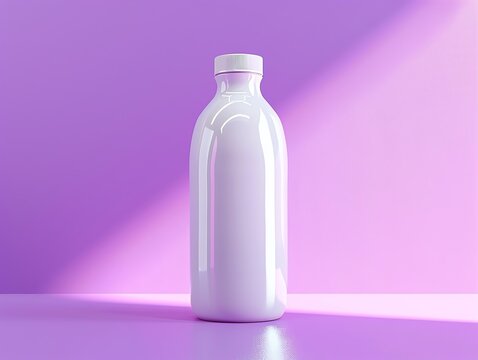 Photo realistic white bottle with cool drink, bright purple backdrop, natural light, high detail, minimalistic style