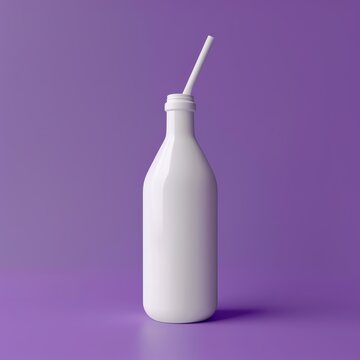 Photo realistic white bottle with a straw, placed against a bright purple background, minimalistic style, centered view, natural light