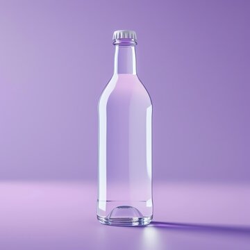 White bottle with water, bright purple background with shadow, photo realistic, centered, crisp and clean composition