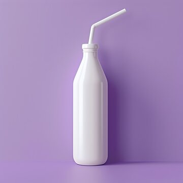 White bottle with a straw, placed against a bright purple background, minimalistic style, centered view, natural light