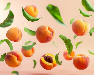 Obraz premium Peaches and green leaves floating in mid-air against a clear, isolated background. The rich orange color and juicy texture of the fruit are highlighted in ultra-high-definition.